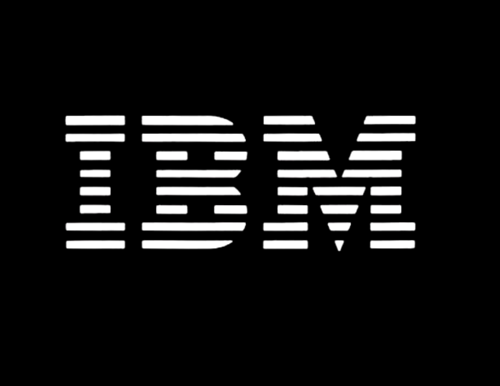 Black background with the IBM logo in white, stylized with horizontal stripes.